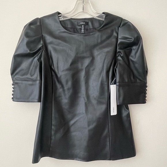 AQUA faux leather top black short sleeve Size Small - Picture 3 of 12